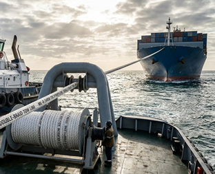 Close-up photograph of a heavy-duty MIL-R-24050 specification double-braided nylon mooring rope, showing its thick, high-strength fibrous texture designed for naval vessel docking